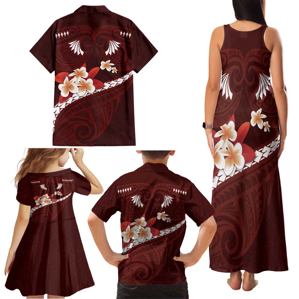 Oxblood Polynesia Family Matching Tank Maxi Dress and Hawaiian Shirt Tribal Pattern Tropical Frangipani LT14 - Polynesian Pride