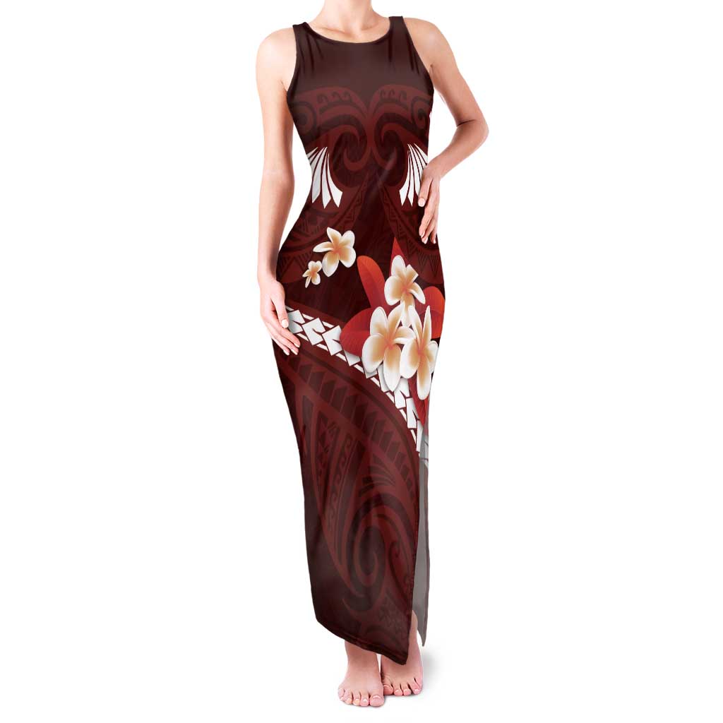 Oxblood Polynesia Family Matching Tank Maxi Dress and Hawaiian Shirt Tribal Pattern Tropical Frangipani LT14 Mom's Dress Oxblood - Polynesian Pride