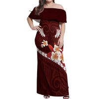 Oxblood Polynesia Off Shoulder Maxi Dress Tribal Pattern Tropical Frangipani