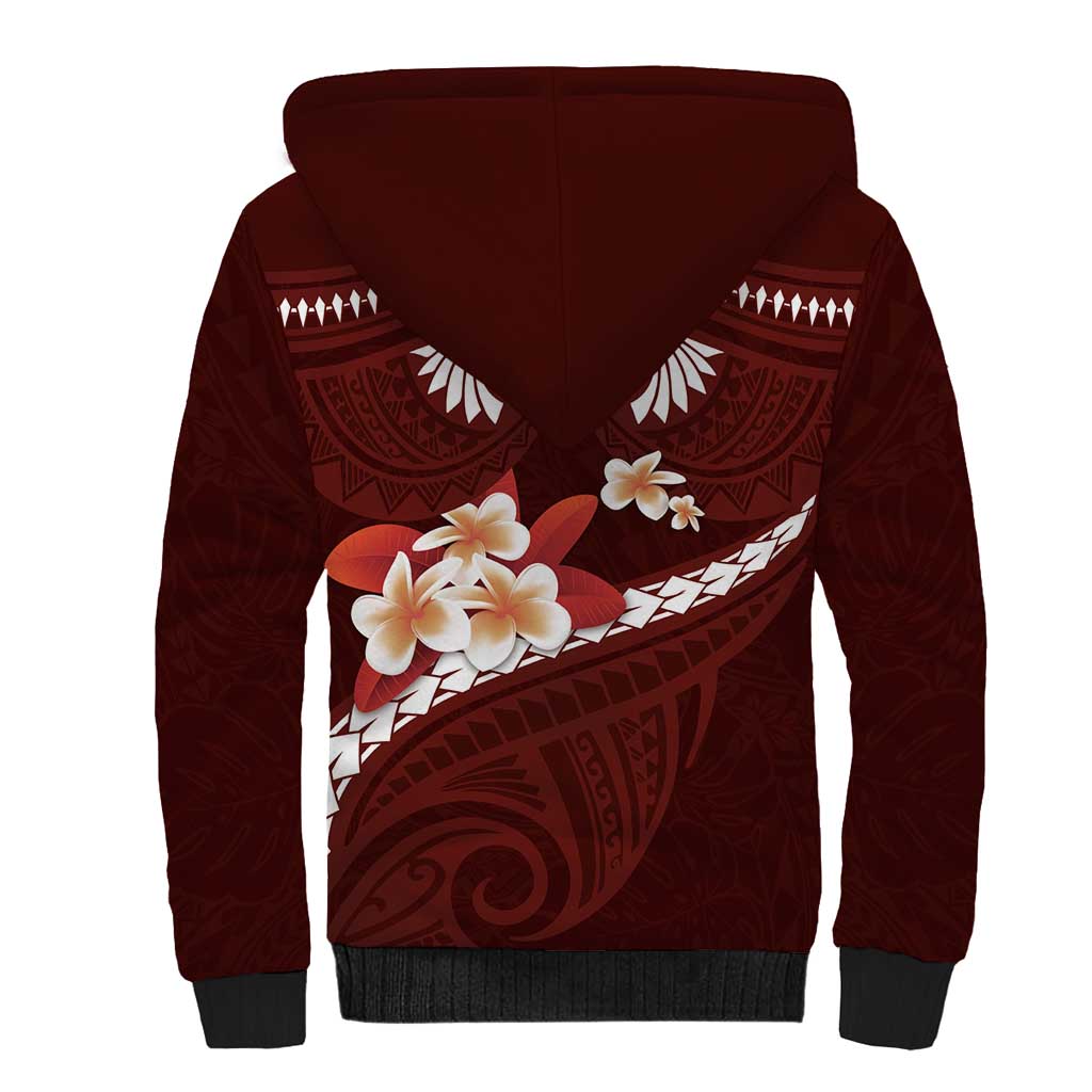 Oxblood Polynesia Sherpa Hoodie Tribal Pattern Tropical Frangipani LT14 - Polynesian Pride