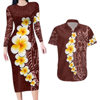 Oxblood Tropical Plumeria With Galaxy Polynesian Art Couples Matching Long Sleeve Bodycon Dress and Hawaiian Shirt LT14 Oxblood - Polynesian Pride