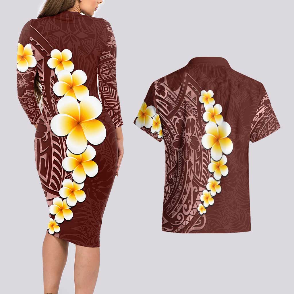 Oxblood Tropical Plumeria With Galaxy Polynesian Art Couples Matching Long Sleeve Bodycon Dress and Hawaiian Shirt LT14 - Polynesian Pride