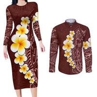 Oxblood Tropical Plumeria With Galaxy Polynesian Art Couples Matching Long Sleeve Bodycon Dress and Long Sleeve Button Shirt LT14 Oxblood - Polynesian Pride