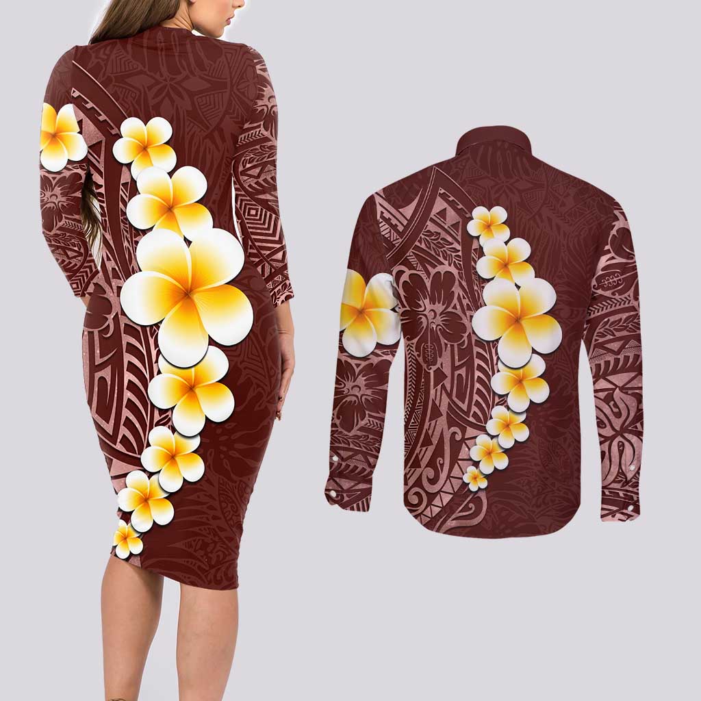 Oxblood Tropical Plumeria With Galaxy Polynesian Art Couples Matching Long Sleeve Bodycon Dress and Long Sleeve Button Shirt LT14 - Polynesian Pride