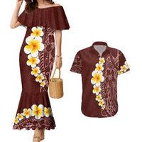 Oxblood Tropical Plumeria With Galaxy Polynesian Art Couples Matching Mermaid Dress and Hawaiian Shirt LT14 Oxblood - Polynesian Pride