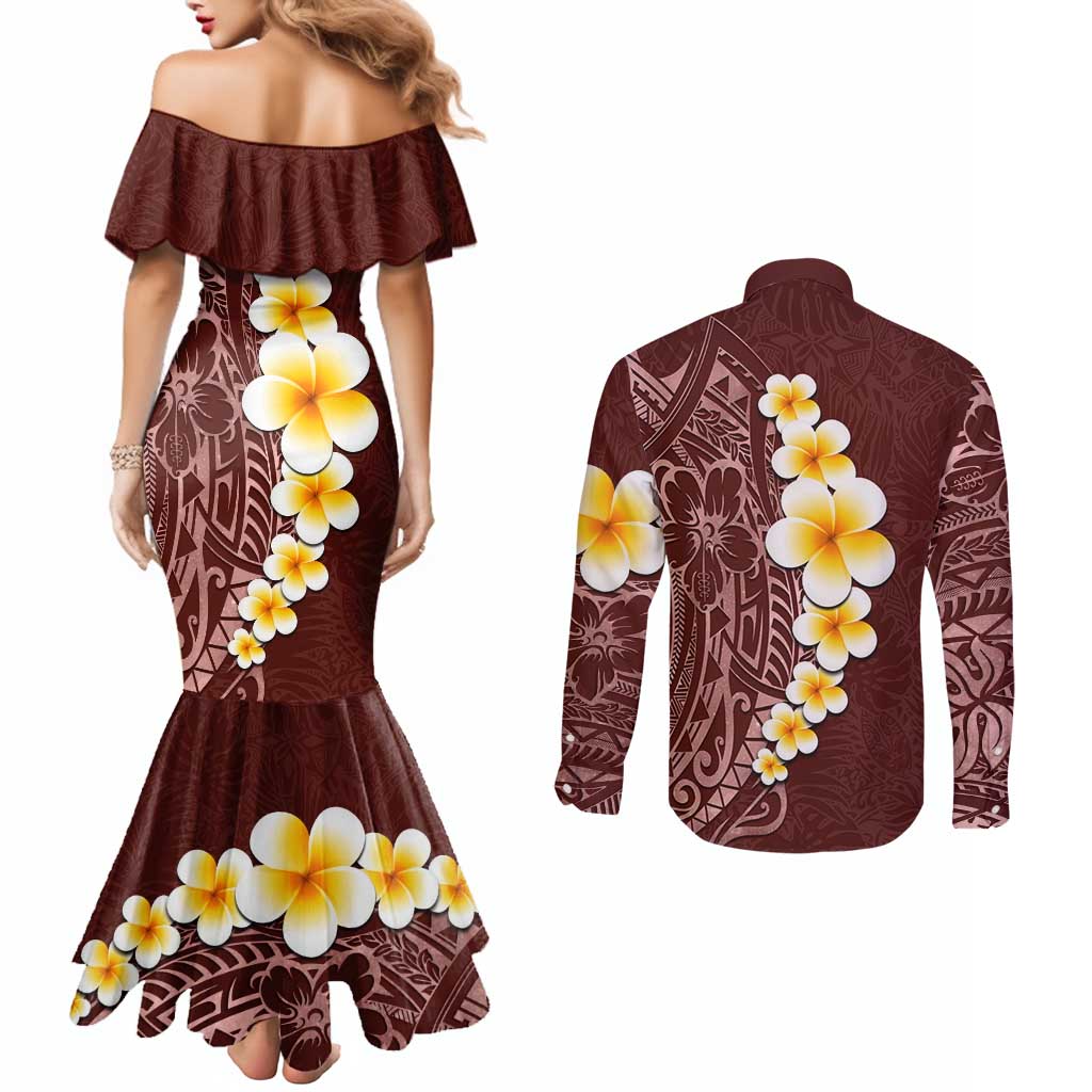Oxblood Tropical Plumeria With Galaxy Polynesian Art Couples Matching Mermaid Dress and Long Sleeve Button Shirt LT14 - Polynesian Pride