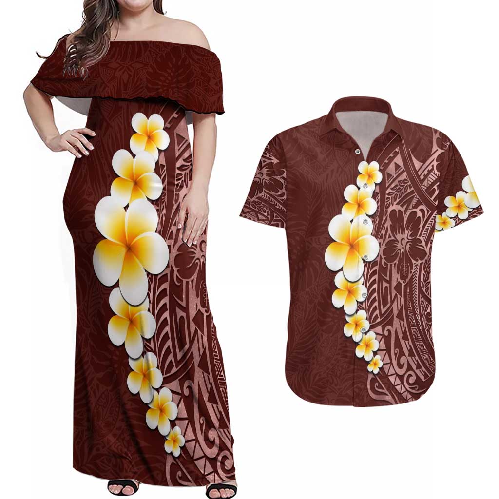 Oxblood Tropical Plumeria With Galaxy Polynesian Art Couples Matching Off Shoulder Maxi Dress and Hawaiian Shirt LT14 Oxblood - Polynesian Pride