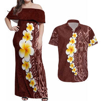 Oxblood Tropical Plumeria With Galaxy Polynesian Art Couples Matching Off Shoulder Maxi Dress and Hawaiian Shirt LT14 Oxblood - Polynesian Pride