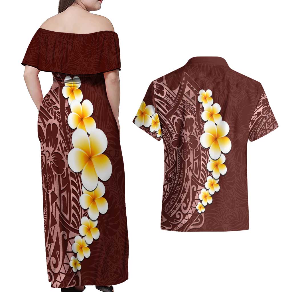 Oxblood Tropical Plumeria With Galaxy Polynesian Art Couples Matching Off Shoulder Maxi Dress and Hawaiian Shirt LT14 - Polynesian Pride