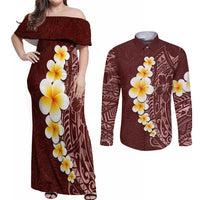 Oxblood Tropical Plumeria With Galaxy Polynesian Art Couples Matching Off Shoulder Maxi Dress and Long Sleeve Button Shirt LT14 Oxblood - Polynesian Pride