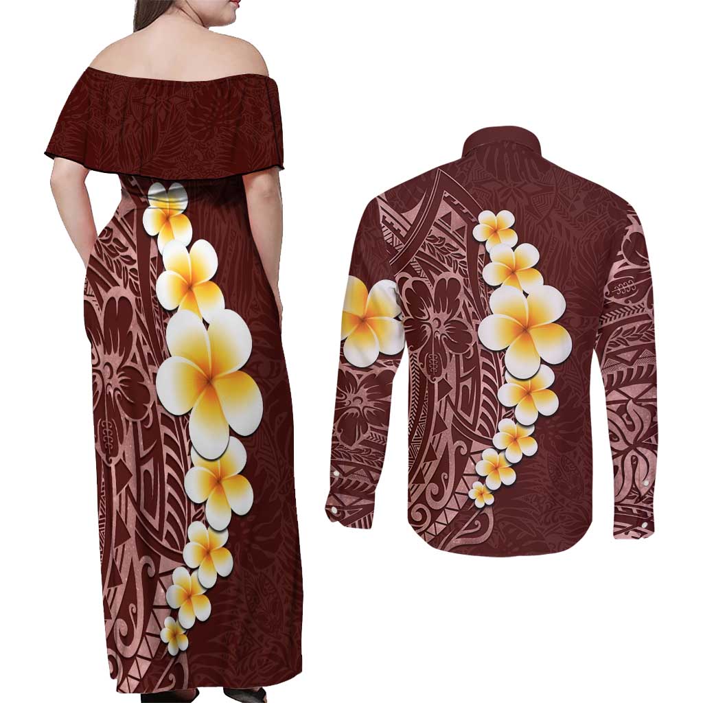 Oxblood Tropical Plumeria With Galaxy Polynesian Art Couples Matching Off Shoulder Maxi Dress and Long Sleeve Button Shirt LT14 - Polynesian Pride