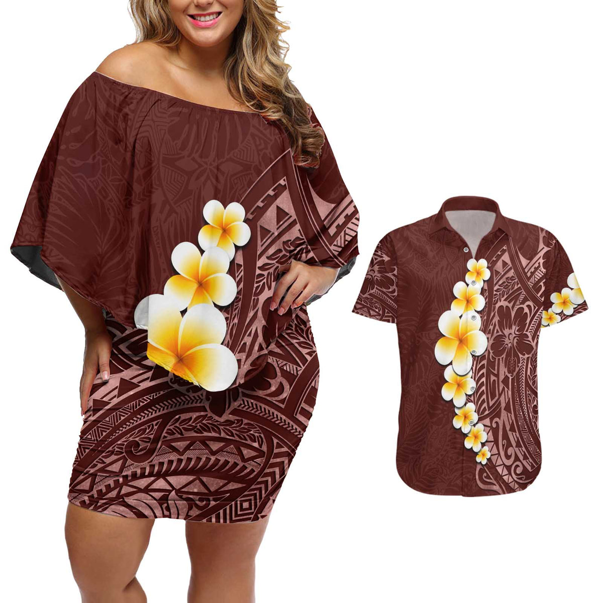 Oxblood Tropical Plumeria With Galaxy Polynesian Art Couples Matching Off Shoulder Short Dress and Hawaiian Shirt LT14 Oxblood - Polynesian Pride