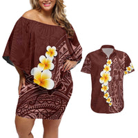 Oxblood Tropical Plumeria With Galaxy Polynesian Art Couples Matching Off Shoulder Short Dress and Hawaiian Shirt LT14 Oxblood - Polynesian Pride