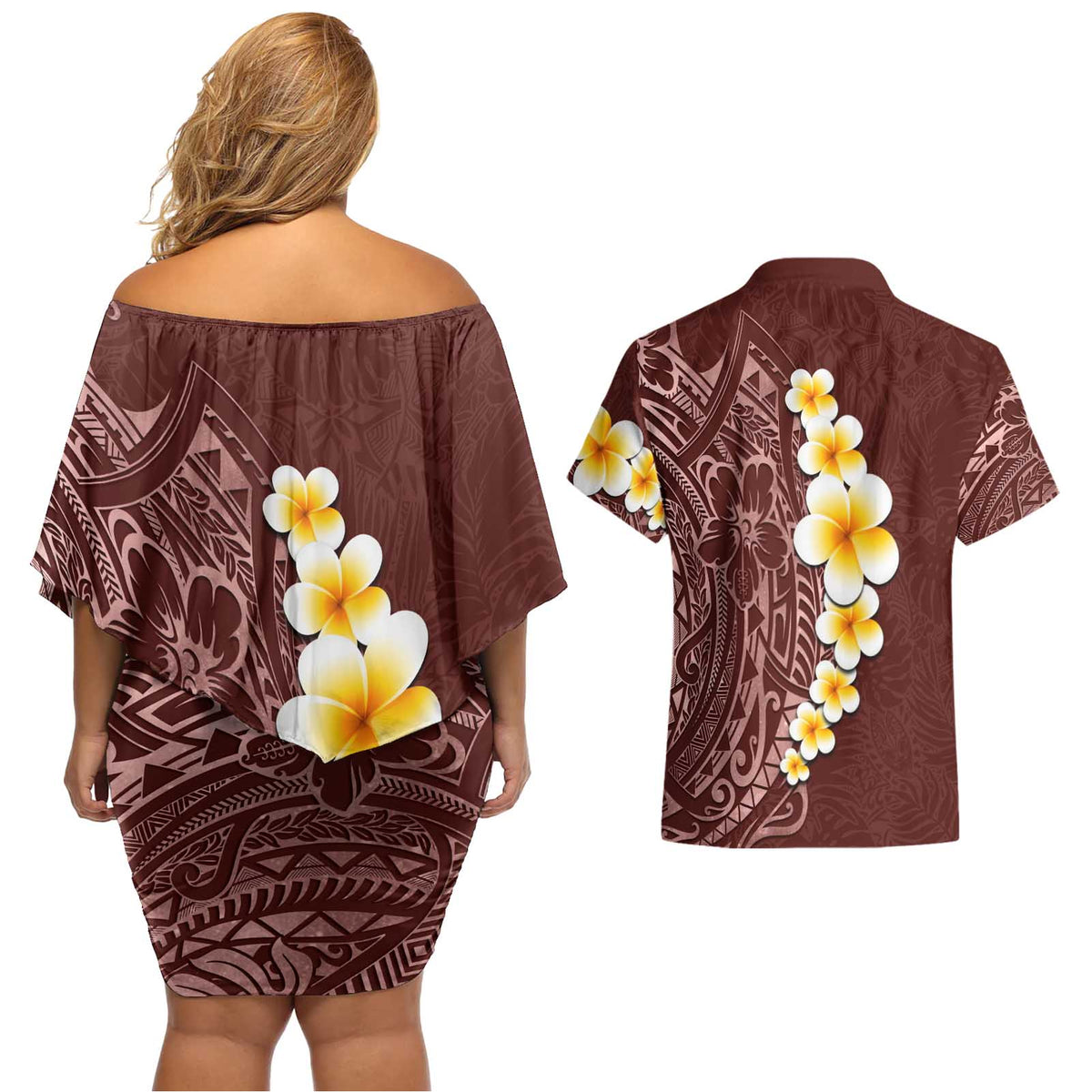 Oxblood Tropical Plumeria With Galaxy Polynesian Art Couples Matching Off Shoulder Short Dress and Hawaiian Shirt LT14 - Polynesian Pride