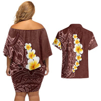 Oxblood Tropical Plumeria With Galaxy Polynesian Art Couples Matching Off Shoulder Short Dress and Hawaiian Shirt LT14 - Polynesian Pride