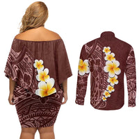 Oxblood Tropical Plumeria With Galaxy Polynesian Art Couples Matching Off Shoulder Short Dress and Long Sleeve Button Shirt LT14 - Polynesian Pride