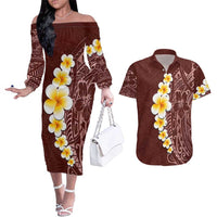 Oxblood Tropical Plumeria With Galaxy Polynesian Art Couples Matching Off The Shoulder Long Sleeve Dress and Hawaiian Shirt LT14 Oxblood - Polynesian Pride