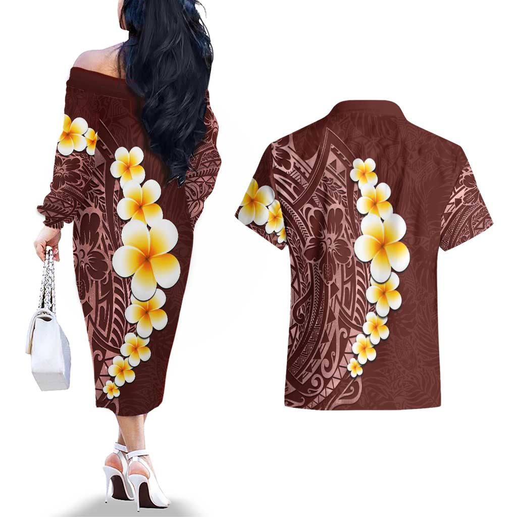 Oxblood Tropical Plumeria With Galaxy Polynesian Art Couples Matching Off The Shoulder Long Sleeve Dress and Hawaiian Shirt LT14 - Polynesian Pride