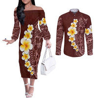 Oxblood Tropical Plumeria With Galaxy Polynesian Art Couples Matching Off The Shoulder Long Sleeve Dress and Long Sleeve Button Shirt LT14 Oxblood - Polynesian Pride