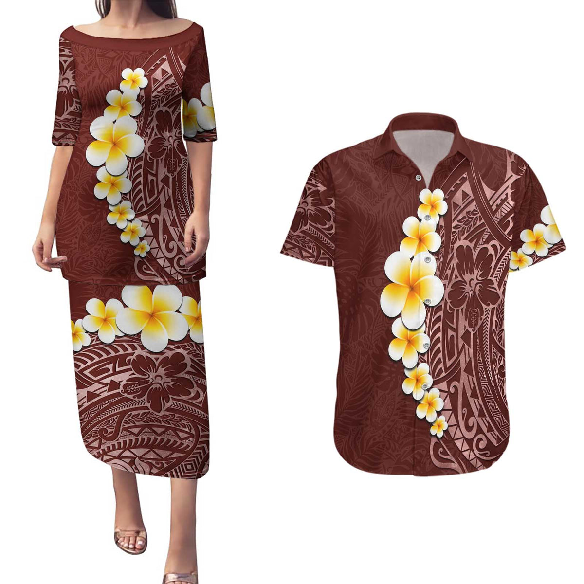 Oxblood Tropical Plumeria With Galaxy Polynesian Art Couples Matching Puletasi and Hawaiian Shirt LT14 Oxblood - Polynesian Pride