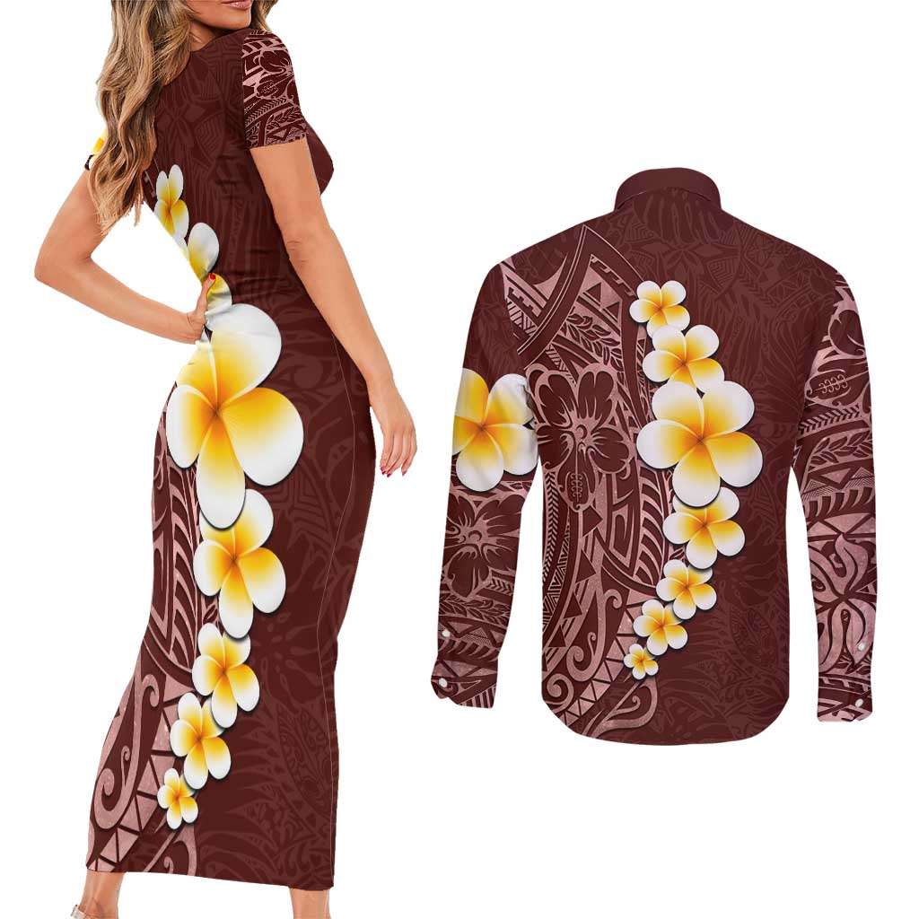 Oxblood Tropical Plumeria With Galaxy Polynesian Art Couples Matching Short Sleeve Bodycon Dress and Long Sleeve Button Shirt LT14 - Polynesian Pride