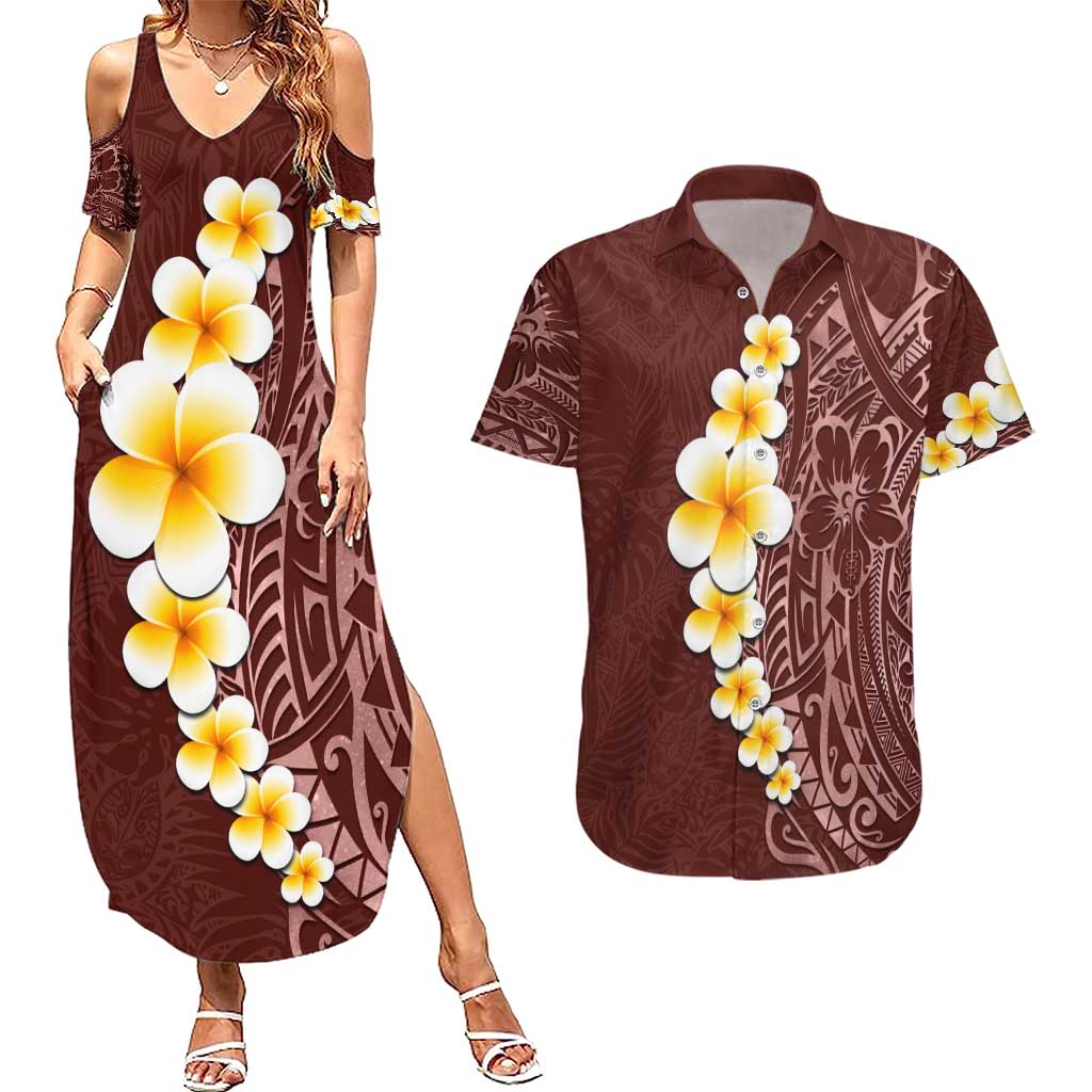 Oxblood Tropical Plumeria With Galaxy Polynesian Art Couples Matching Summer Maxi Dress and Hawaiian Shirt LT14 Oxblood - Polynesian Pride