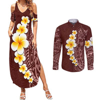 Oxblood Tropical Plumeria With Galaxy Polynesian Art Couples Matching Summer Maxi Dress and Long Sleeve Button Shirt LT14 Oxblood - Polynesian Pride