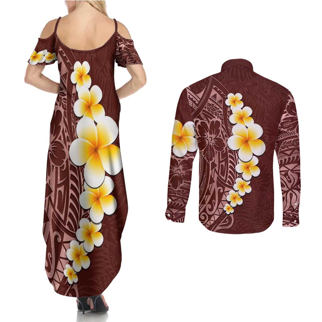 Oxblood Tropical Plumeria With Galaxy Polynesian Art Couples Matching Summer Maxi Dress and Long Sleeve Button Shirt LT14 - Polynesian Pride