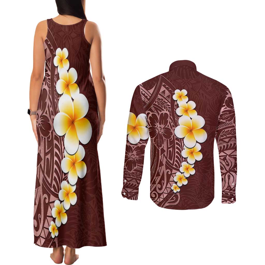 Oxblood Tropical Plumeria With Galaxy Polynesian Art Couples Matching Tank Maxi Dress and Long Sleeve Button Shirt LT14 - Polynesian Pride