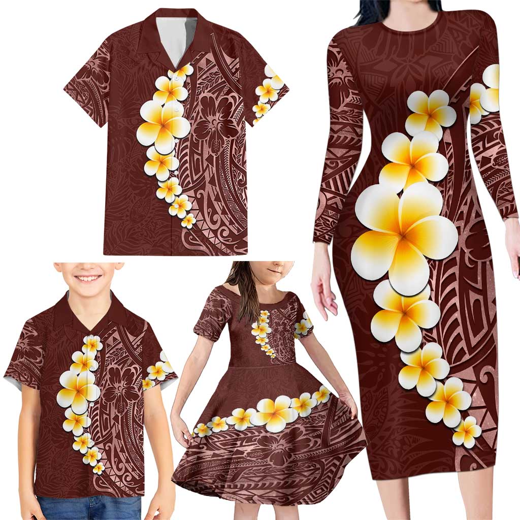 Oxblood Tropical Plumeria With Galaxy Polynesian Art Family Matching Long Sleeve Bodycon Dress and Hawaiian Shirt LT14 - Polynesian Pride
