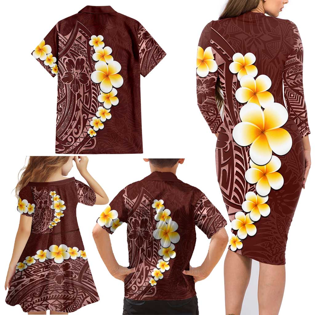 Oxblood Tropical Plumeria With Galaxy Polynesian Art Family Matching Long Sleeve Bodycon Dress and Hawaiian Shirt LT14 - Polynesian Pride