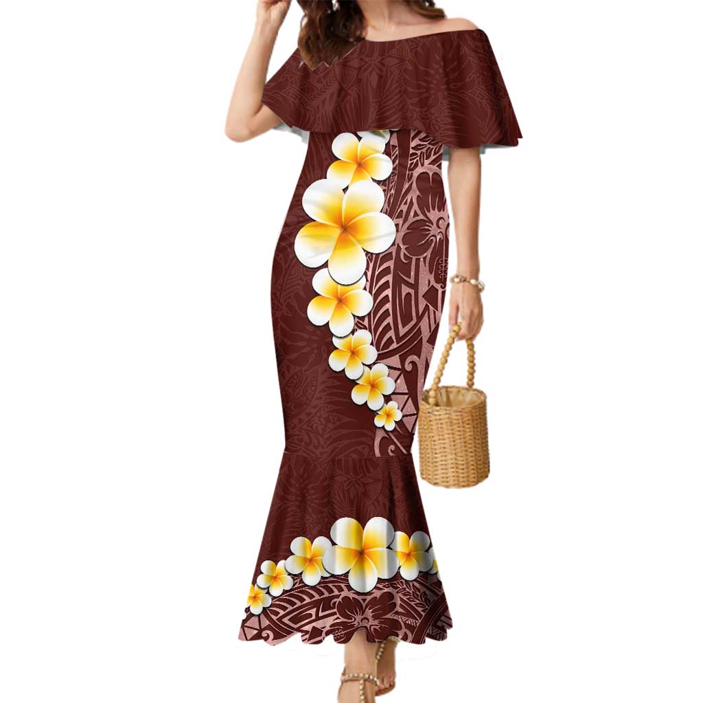 Oxblood Tropical Plumeria With Galaxy Polynesian Art Family Matching Mermaid Dress and Hawaiian Shirt LT14 Mom's Dress Oxblood - Polynesian Pride