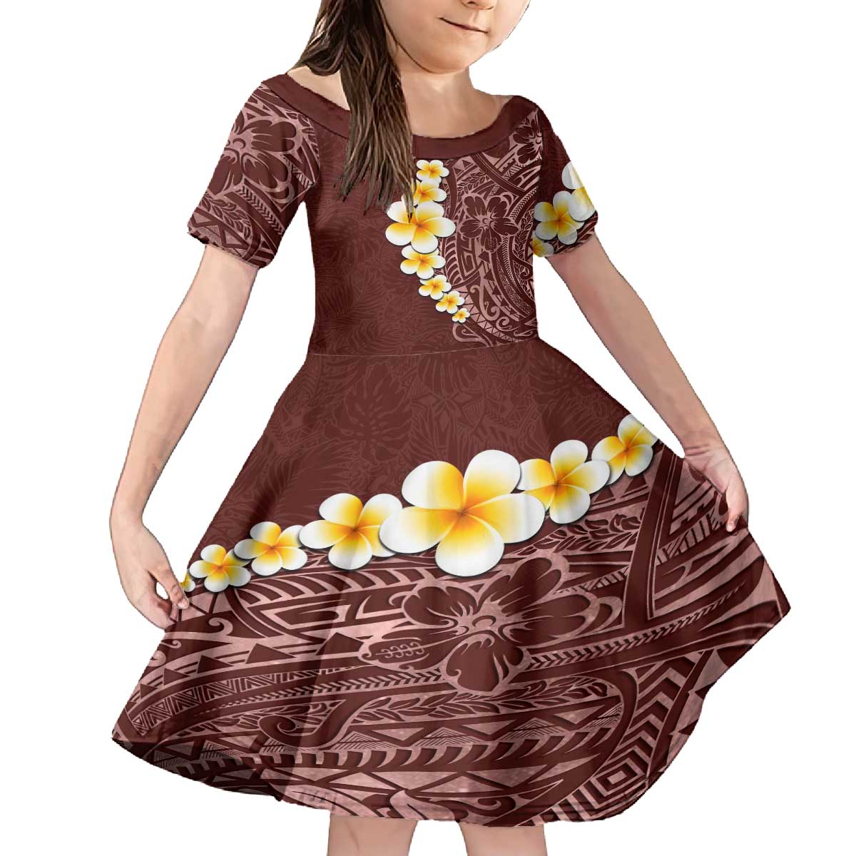 Oxblood Tropical Plumeria With Galaxy Polynesian Art Family Matching Off The Shoulder Long Sleeve Dress and Hawaiian Shirt LT14 Daughter's Dress Oxblood - Polynesian Pride