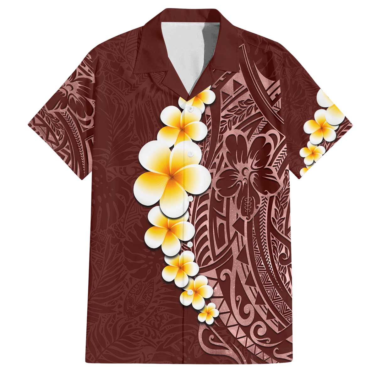 Oxblood Tropical Plumeria With Galaxy Polynesian Art Family Matching Off The Shoulder Long Sleeve Dress and Hawaiian Shirt LT14 Dad's Shirt - Short Sleeve Oxblood - Polynesian Pride