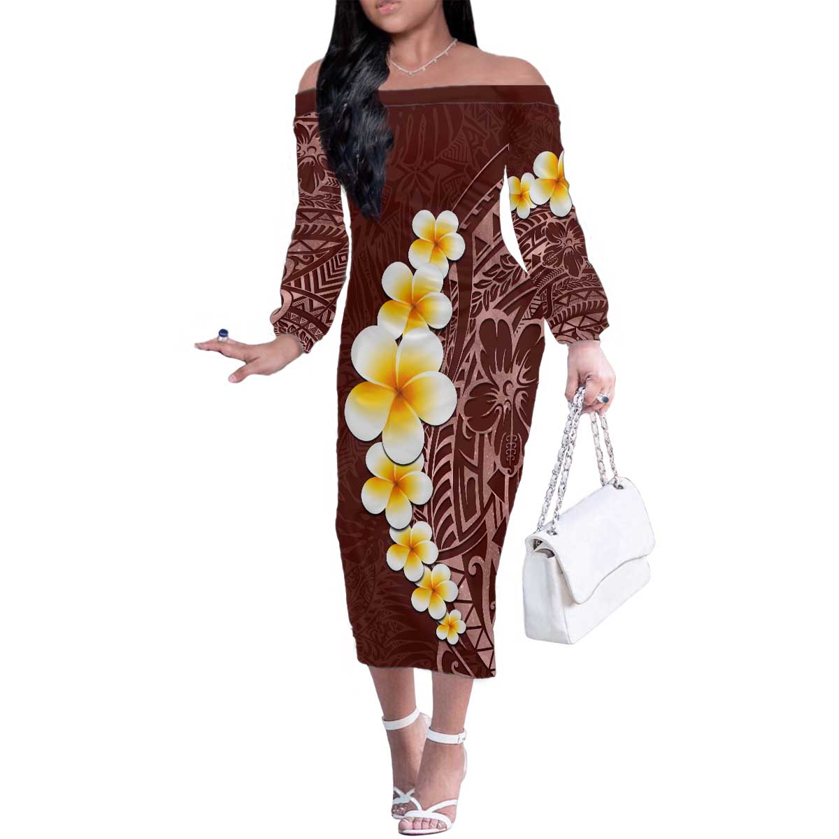 Oxblood Tropical Plumeria With Galaxy Polynesian Art Family Matching Off The Shoulder Long Sleeve Dress and Hawaiian Shirt LT14 Mom's Dress Oxblood - Polynesian Pride