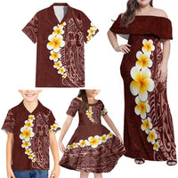 Oxblood Tropical Plumeria With Galaxy Polynesian Art Family Matching Off Shoulder Maxi Dress and Hawaiian Shirt LT14 - Polynesian Pride