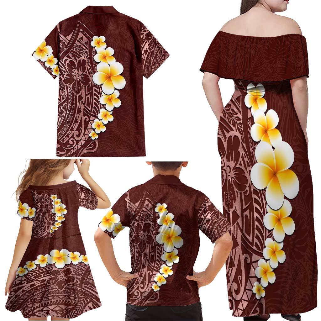 Oxblood Tropical Plumeria With Galaxy Polynesian Art Family Matching Off Shoulder Maxi Dress and Hawaiian Shirt LT14 - Polynesian Pride