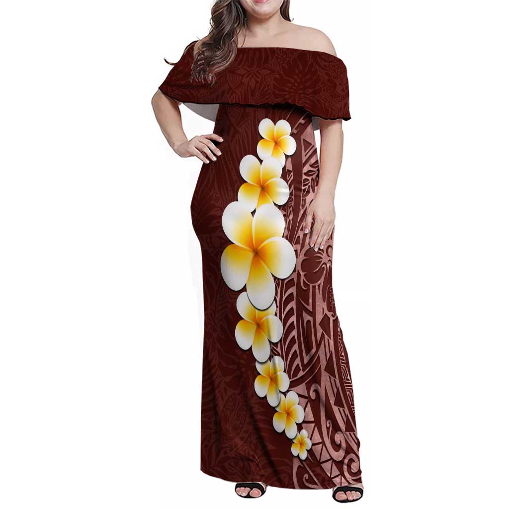 Oxblood Tropical Plumeria With Galaxy Polynesian Art Family Matching Off Shoulder Maxi Dress and Hawaiian Shirt LT14 Mom's Dress Oxblood - Polynesian Pride