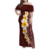 Oxblood Tropical Plumeria With Galaxy Polynesian Art Family Matching Off Shoulder Maxi Dress and Hawaiian Shirt LT14 Mom's Dress Oxblood - Polynesian Pride