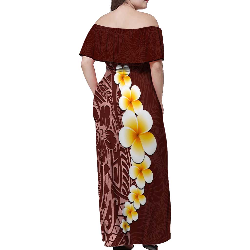 Oxblood Tropical Plumeria With Galaxy Polynesian Art Family Matching Off Shoulder Maxi Dress and Hawaiian Shirt LT14 - Polynesian Pride