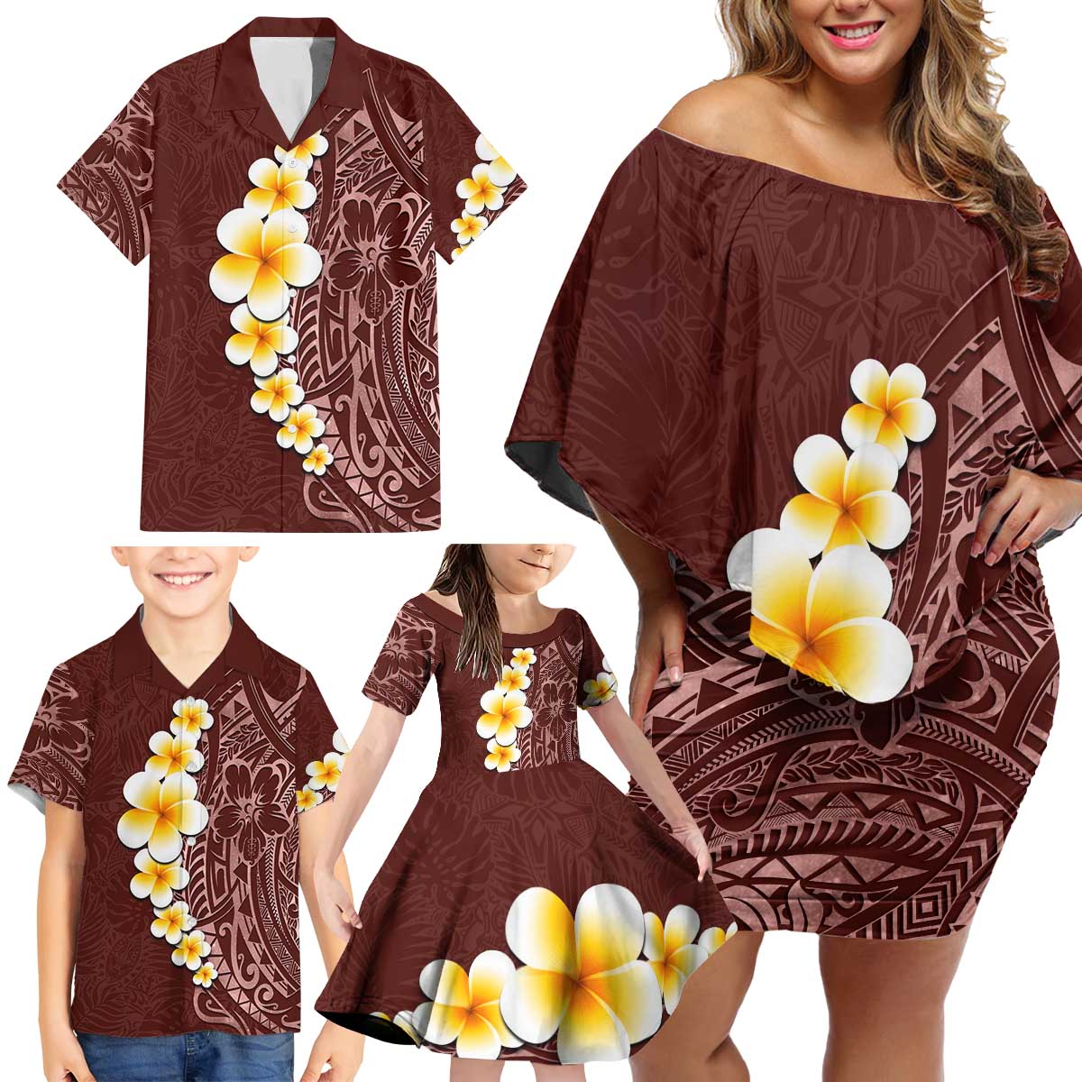 Oxblood Tropical Plumeria With Galaxy Polynesian Art Family Matching Off Shoulder Short Dress and Hawaiian Shirt LT14 - Polynesian Pride