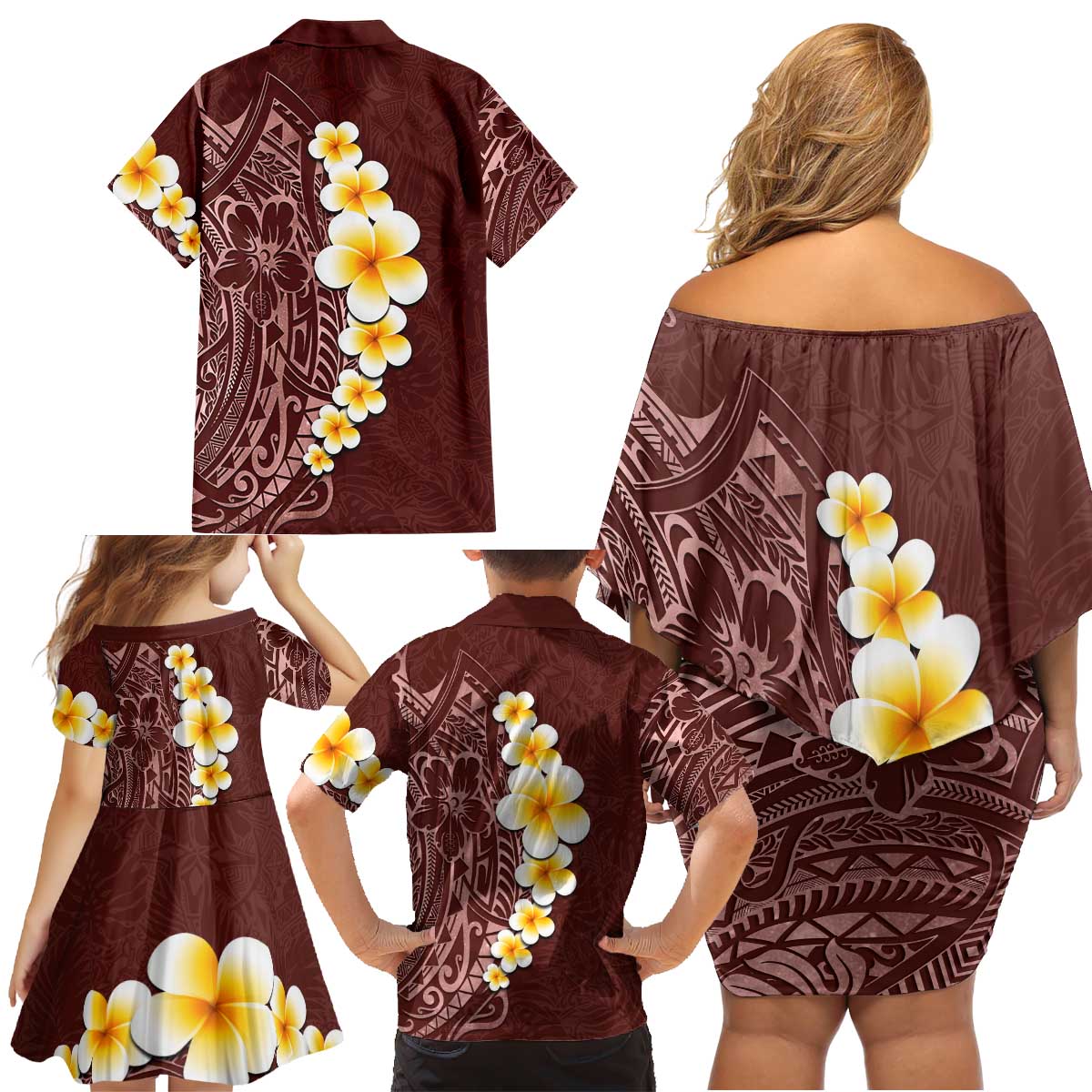 Oxblood Tropical Plumeria With Galaxy Polynesian Art Family Matching Off Shoulder Short Dress and Hawaiian Shirt LT14 - Polynesian Pride