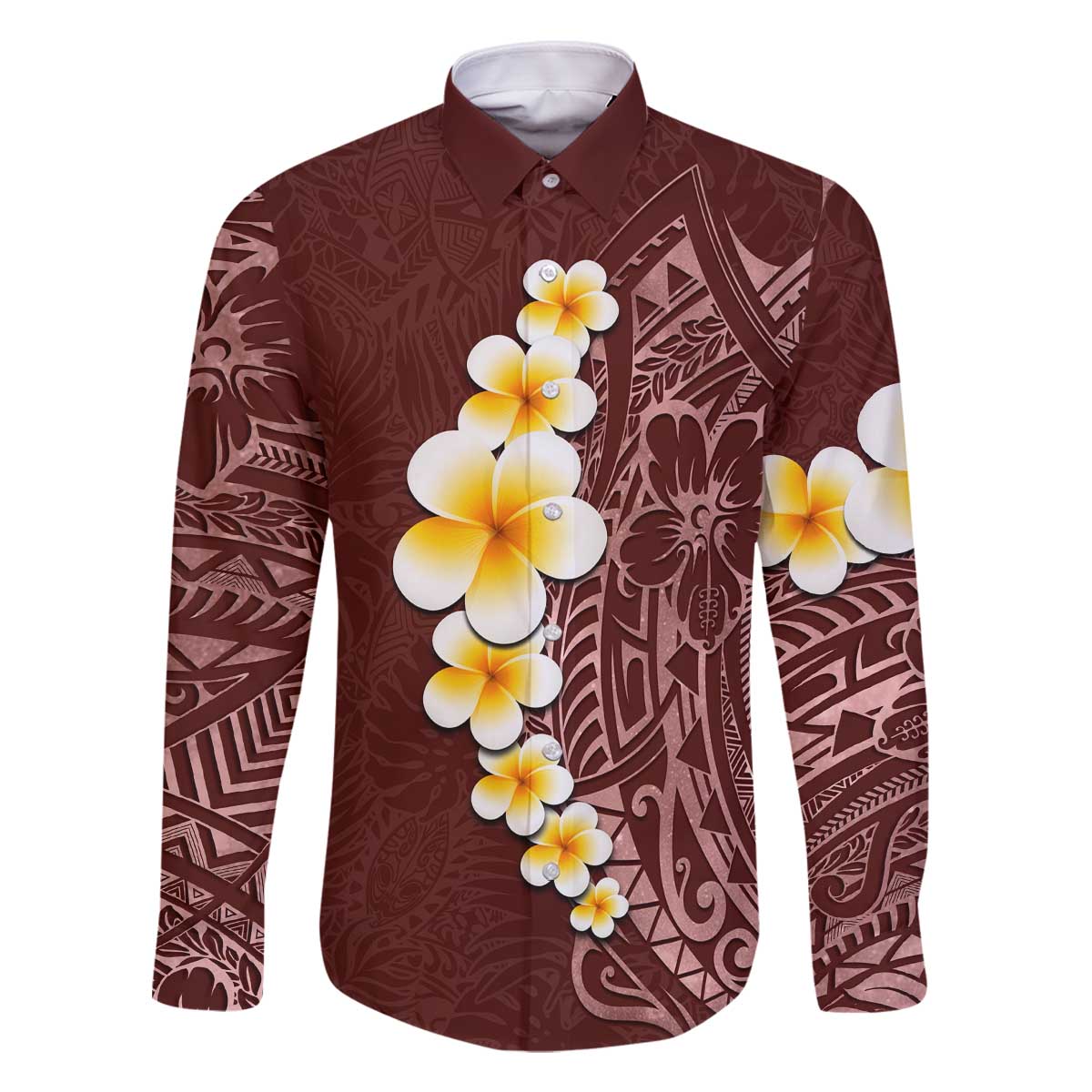 Oxblood Tropical Plumeria With Galaxy Polynesian Art Family Matching Off Shoulder Short Dress and Hawaiian Shirt LT14 Dad's Shirt - Long Sleeve Oxblood - Polynesian Pride