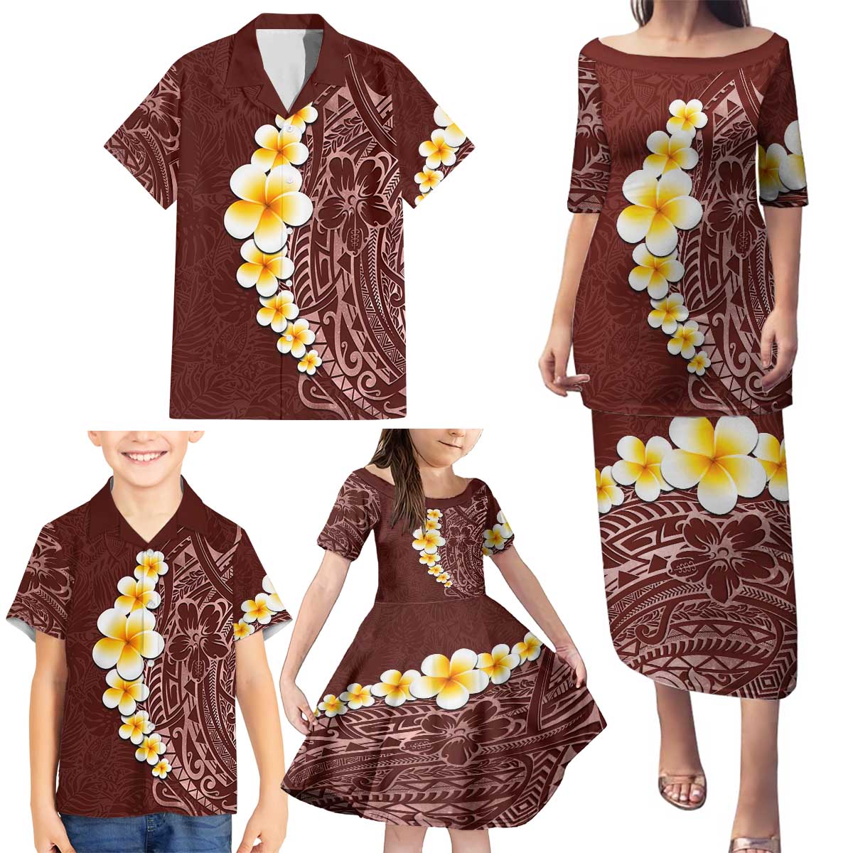 Oxblood Tropical Plumeria With Galaxy Polynesian Art Family Matching Puletasi and Hawaiian Shirt LT14 - Polynesian Pride