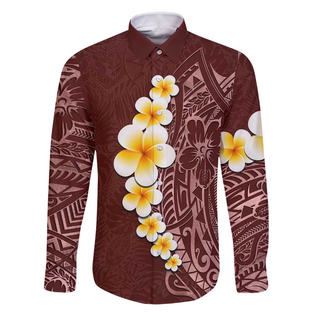 Oxblood Tropical Plumeria With Galaxy Polynesian Art Family Matching Tank Maxi Dress and Hawaiian Shirt LT14 Dad's Shirt - Long Sleeve Oxblood - Polynesian Pride