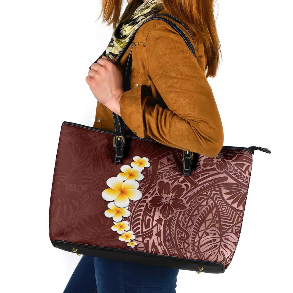 Oxblood Tropical Plumeria With Galaxy Polynesian Art Leather Tote Bag LT14 Oxblood - Polynesian Pride