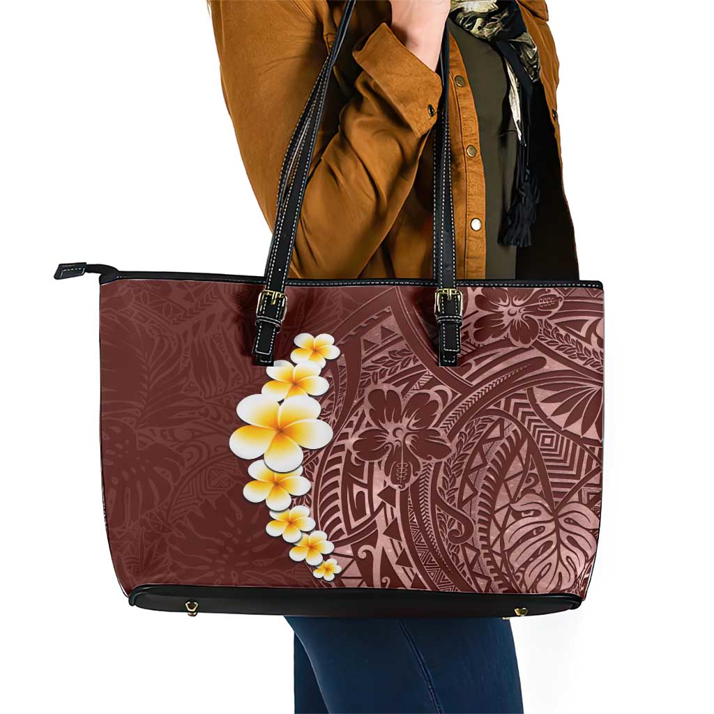 Oxblood Tropical Plumeria With Galaxy Polynesian Art Leather Tote Bag LT14 - Polynesian Pride
