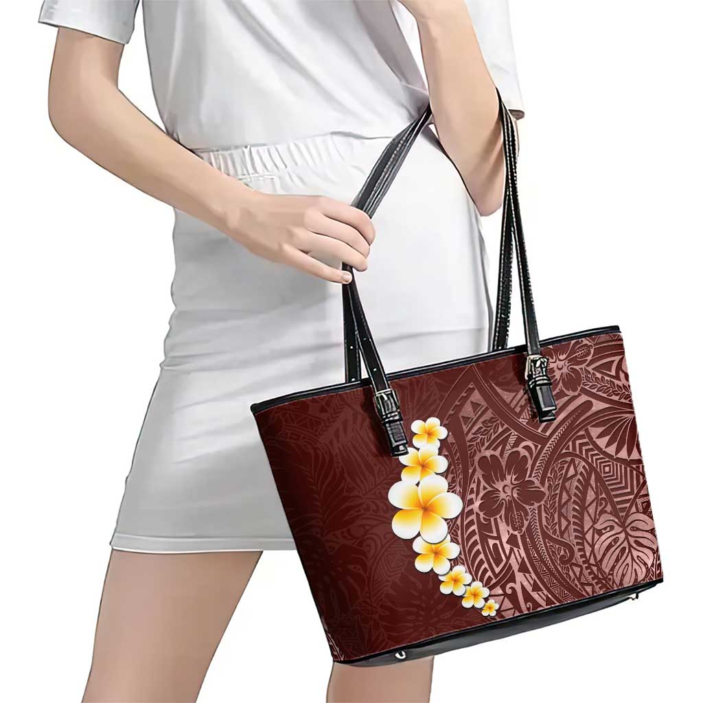 Oxblood Tropical Plumeria With Galaxy Polynesian Art Leather Tote Bag LT14 - Polynesian Pride