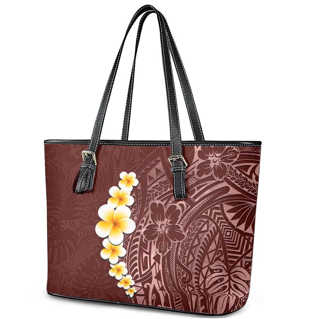 Oxblood Tropical Plumeria With Galaxy Polynesian Art Leather Tote Bag LT14 - Polynesian Pride