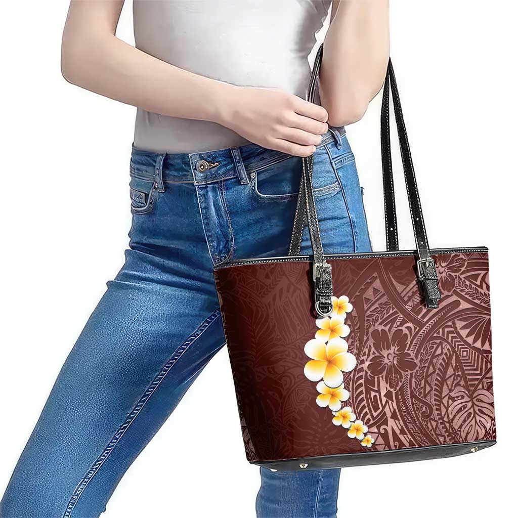 Oxblood Tropical Plumeria With Galaxy Polynesian Art Leather Tote Bag LT14 - Polynesian Pride